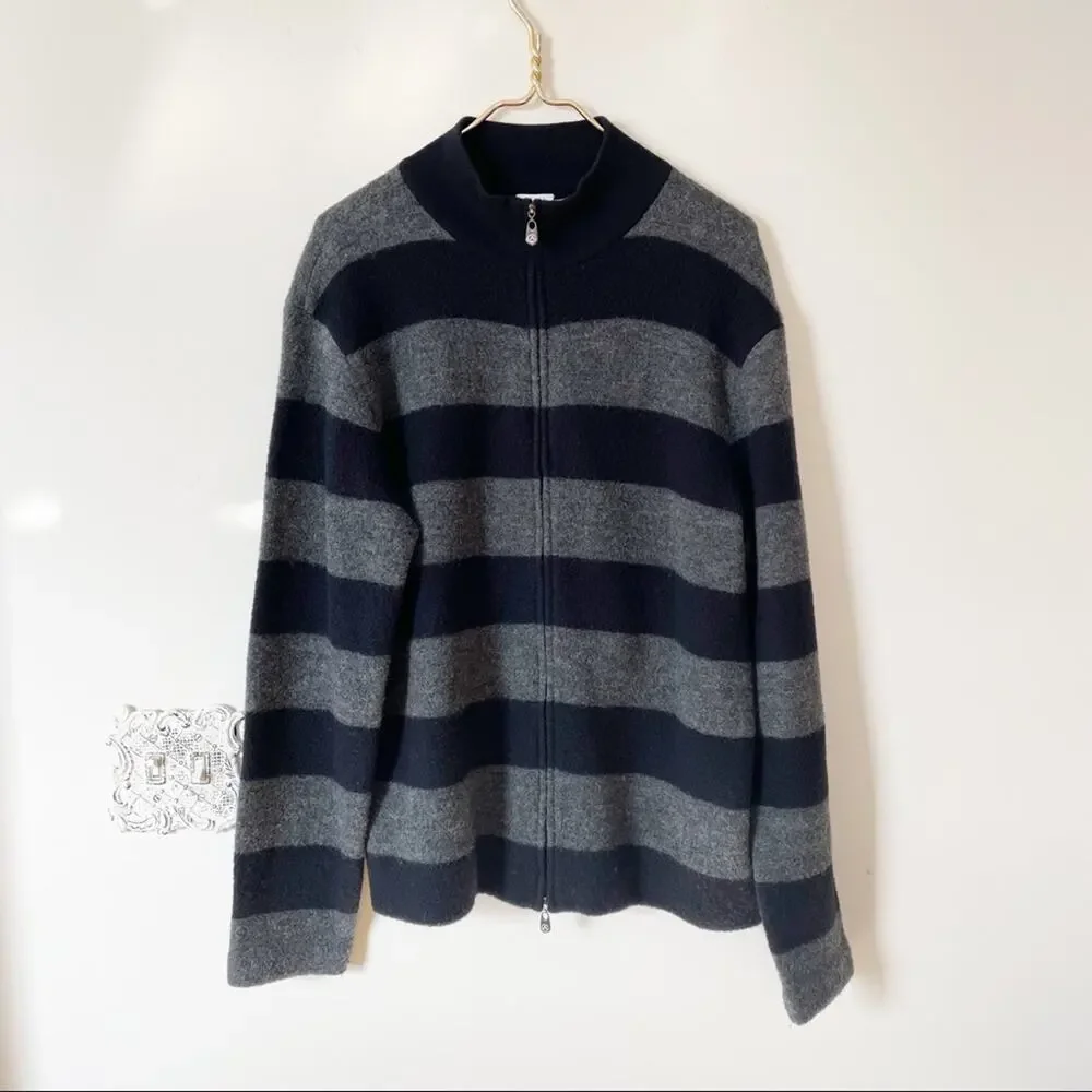Armani Collezioni Black and Gray Rugby Striped Wool Sweater Zip Up Jacket M